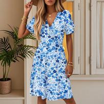 Women's Summer Fashion Floral Print Dress Casual Beach A-Line V-Neck Loose Sundress L