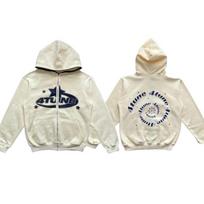 Star Letter Print Hoodie Men Retro Zip Up Long Sleeve Loose Jacket Coats Harajuku Casual Gothic Hooded Sweatshirt Y2K Streetwear S smėlis