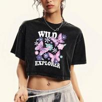 Wild Explorer Flowers Butterfly Prints Women Washed Tee Tops Sport Cotton T-Shirts Short Sleeve Crewneck Crop T Shirt M