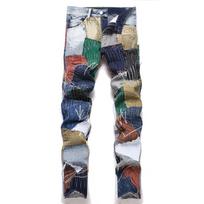 Naujo stiliaus retro madingi susiuvinėti patchwork džinsai vyrams, tiesios kojos, neelastiniai, vidutinio aukščio juosmuo, laisvalaikio vyriškos kelnės 3843 36
