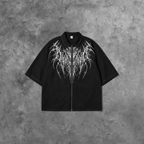 Tamsaus stiliaus dygliuoto rašto trumpomis rankovėmis marškiniai su užtrauktuku: Streetwear Hip-Hop Oversized Unisex Viršutinė dalis L juoda