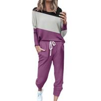 2 Pcs/Set Women Top Pants Suit Round Neck Long Sleeves Colorblock Sport Sweatshirt Drawstring M tamsiai violetine spalva
