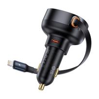 Car charger with retractable cable for iPhone Lightning USBC 60W black
