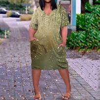 Summer Plus Size V Neck Short Sleeve Knee Pocket  Print Casual Dress For Women XXXXL