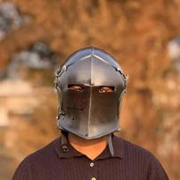 Juodas Barbuto Šalmas Viduramžių Riterio Šarvas 18g Minkštas Plienas LARP Cosplay Helovino Kostiumas Karžygio Šalmas
