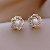 French Light Luxury Crystal Rose Flower Pearl Stud Earrings For Women Korean Exquisite Earring Party Mother'S Day Jewelry