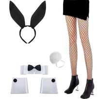 Women's Bunny Costume Set Ear Headband Bowtie Cuff Bunny Tail Stocking Cosplay Accessories For Easter Party One Size
