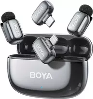 BOYA belaidis mikrofonas „Mini 2-01“ 2,4 GHz, su dirbtinio intelekto valdomu triukšmo slopinimu, 2 siųstuvais ir 2 imtuvais („Type-C“ ir „Lightning“), pilkos spalvos, ES