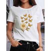 Women's Crew Neck Short Sleeve T-Shirt Sunflower Butterfly Print Elegant Aesthetic Casual Layering Top S balta