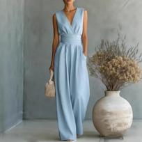 Women's Light Blue Sleeveless V-Neck Jumpsuit High Waist Wide Leg Jumpsuit with Pockets S mėlyna
