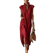 Women Stand Collar Sleeveless Dress Deep V Neck Side Slit Tunic Dress Casual Vacation Long Dress with Pockets XXXL raudona