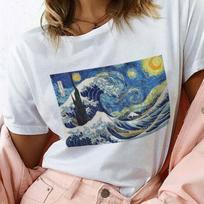 Van Goghas piešia drabužius Žvaigždėta naktis moteriški marškinėliai Harajuku Streetwear Estetiški marškinėliai Kor M balta