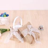 7 * 7 inches Vintage Burlap Lace Bowknot Ring Bearer Pillow and Rustic Wedding Flower Girl Basket Set