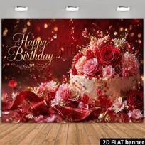 2D Red & Gold Birthday Backdrop,  Happy Birthday  Script & Roses Photography Background 47.2x31.5inch/120*80cm