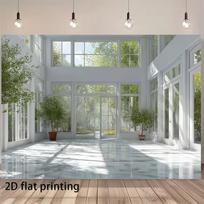 2D Bright Glass Hall Photography Backdrop, Minimalist White Sunroom with Trees & Natural Light Background Cloth 47.2x31.5inch/120*80cm