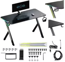 Biurko gamingowe NanoRS, juoda su laikikliu na ausinės i kubek, pašvietimas RGB, max. 75kg, wymiary 1200x600x750mm, RS102