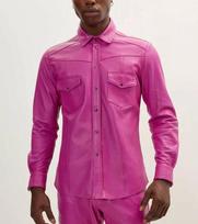 Casual Lambskin Formal Party Men Shirt Pink Stylish Handmade Real Leather S rožinė