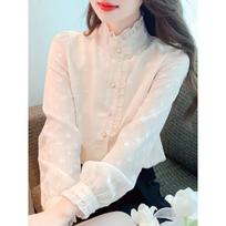 French Stand-up Collar Chiffon Shirt for Women Fashionable and Beautiful Shirt Long-sleeved Bottoming Shirt Top S abrikosas