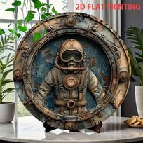 Vintage Deep Sea Diver Metal Wall Art, Round Porthole Nautical Poster black