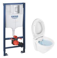Tualeto komplektas Grohe Rapid SL su Cetus 52 Rimfree pakabinamu klozetu, Soft Close easyclip dangčiu, chromuota Skate Cosmopolitan mygtuku