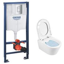 Tualeto komplektas Grohe Rapid SL su Urb.y 48 Rimfree pakabinamu klozetu, Soft Close Easyclip Slim dangčiu, chromuota Skate Cosmopolitan mygtuku