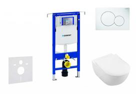 Tualeto klozeto komplektas Geberit Duofix rėmas su Villeroy & Boch klozetu, SoftClose dangčiu, su baltu Sigma01 mygtuku