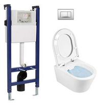 Sanindusa Sanfix WC komplektas – montavimo rėmas Urb.y 48 + Rimfree baltas pakabinamas klozetas su SoftClose dangčiu ir chromuota akustinė/mygtukas