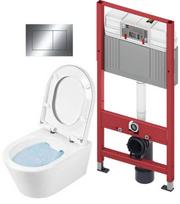 Tualeto pakabinamo unitazo komplektas TECEbase rėmas su Sanindusa Urb.y 48 Rimless puodu, SoftClose EasyClip Slim dangčiu ir TECEnow chromuota mygtuku, modelis 9400412+140936004