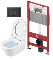 Tualeto puodo komplektas TECEbase rėmas su Sanindusa Urb.y 48 Rimless puodu, SoftClose EasyClipp Slim dangčiu ir TECEnow juoda mygtuku