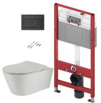 Tualeto komplektas TECEbase rėmas su Sanindusa Urb.y 48 Rimless pilku unitazu, SoftClose EasyClipp plonu dangčiu ir TECEnow juodu mygtuku