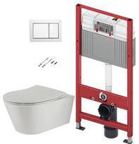 TECEbase rėmas WC komplektas su Sanindusa Urb.y 48 Rimless pilku klozetu, SoftClose EasyClipp Slim dangčiu ir TECEnow baltu mygtuku