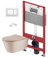 TECEbase rėmo WC komplektas su Sanindusa Urb.y 48 Rimless Taupe klozeto puodu, SoftClose EasyClipp Slim dangčiu ir TECEnow balta mygtuku