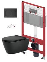 Tualeto puodo komplektas TECEbase rėmas su Sanindusa Urb.y 48 Rimless juodu puodu, SoftClose EasyClipp Slim dangčiu ir TECEnow juodu mygtuku