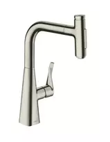 Virtuvės kranas Hansgrohe Metris M71 su ištraukiama galvute, nerūdijančio plieno apdaila, 73822800