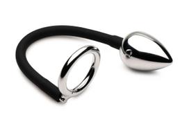 XR Brands - Tug + Plug Cock & Ball Ring with Anal Plug - Black & Silver