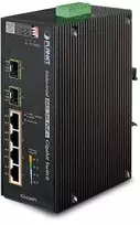 Šakotuvas Planet IP30 6 prievadų gigabitų jungiklis su 4 prievadų 802.3AT POE+ ir 2 prievadų 100/1000X SFP (nuo -40 iki 75 C)