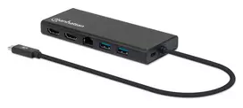 Intracom MANHATTAN USB 3.2 Gen 1 USB-C prie dviejų HDMI kelių prievadų adapteris USB-C prie 2x HDMI 4K30Hz 2x USB-A USB-C maitinimo tiekimo Gigabit RJ45 prievadas