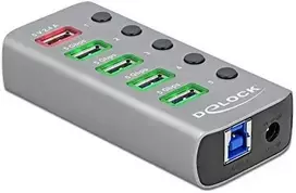 Delock USB 3.2 Gen 1 šakotuvas su 4 prievadais + 1 greito įkrovimo prievadu su jungikliu