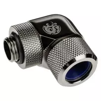 „Bitspower Advanced Multi-Link“ adapteris, 90 laipsnių G1/4 colio vidinis sriegis, 14 mm išorinio skersmens kietasis vamzdis, pasukamas.