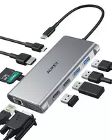 Aukey CB-C89 aliuminio šakotuvas USB-C | 10w1 | RJ45 Ethernet 10/100/1000Mbps | 4xUSB | HDMI 4k@30Hz | SD ir Micro SD | USB-C maitinimo tiekimas 100 W