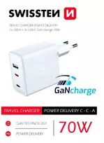 Įkroviklis Swissten Swissten GaN 2x USB C + USB 70 W Power Delivery Balta
