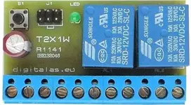 Digitalas T2X1W-T dviejų kanalų taimeris gali valdyti dvi duris/įrenginius su dviem išėjimo mygtukais. laikas iki 255 s.