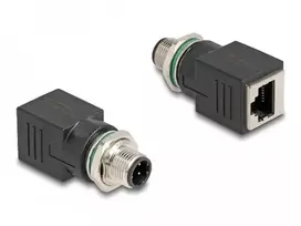 „DeLOCK“ M12 adapteris, D kodavimo, 4 kontaktų kištukas į RJ45 jungtį, tiesus, M12, RJ-45, juodas