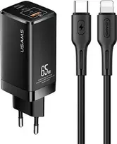 USAMS Tinklo įkroviklis MT 2xUSB-C+USB GaN 65W T33 PD + kabelis USB-C-Lightning 30W Fast Charging juodos spalvos MTXLOGTL01