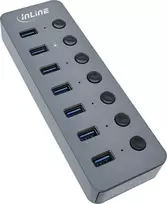 HUB USB InLine ® USB 3.2 Gen.1 mazgas, 7-prievadas, su jungikliu, aliuminio, pilka, su maitinimo šaltiniu