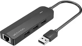 Vention USB 2.0 3 prievadų šakotuvas su eterneto adapteriu 100 m ventiliacija CHPBB 0.15 m, juodas
