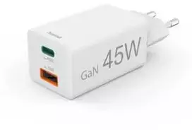 Hama mini GaN 45W PD/QC 1x USB-C, 1x USB-A balta