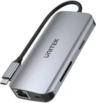 USB-C šakotuvas - UNITEK 2X HDMI 4K, RJ45, PD 100W Pilkas