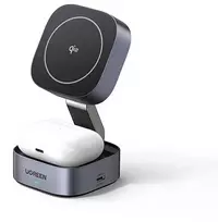 Ugreen W702 3in1 inductive charger with MagSafe / Qi2 and USB-C port for phone / headphones – juodos spalvos