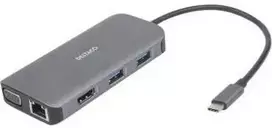 USB-C jungčių stotelė DELTACO, 9in1, 3x USB-A, SD/Micro SD, RJ45, HDMI, VGA, sidabrinė / USBC-HDMI25 / 1902420